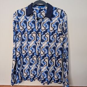 J.McLaughlin Long Sleeve Button Down Shirt Blue Beige Geometric Size L